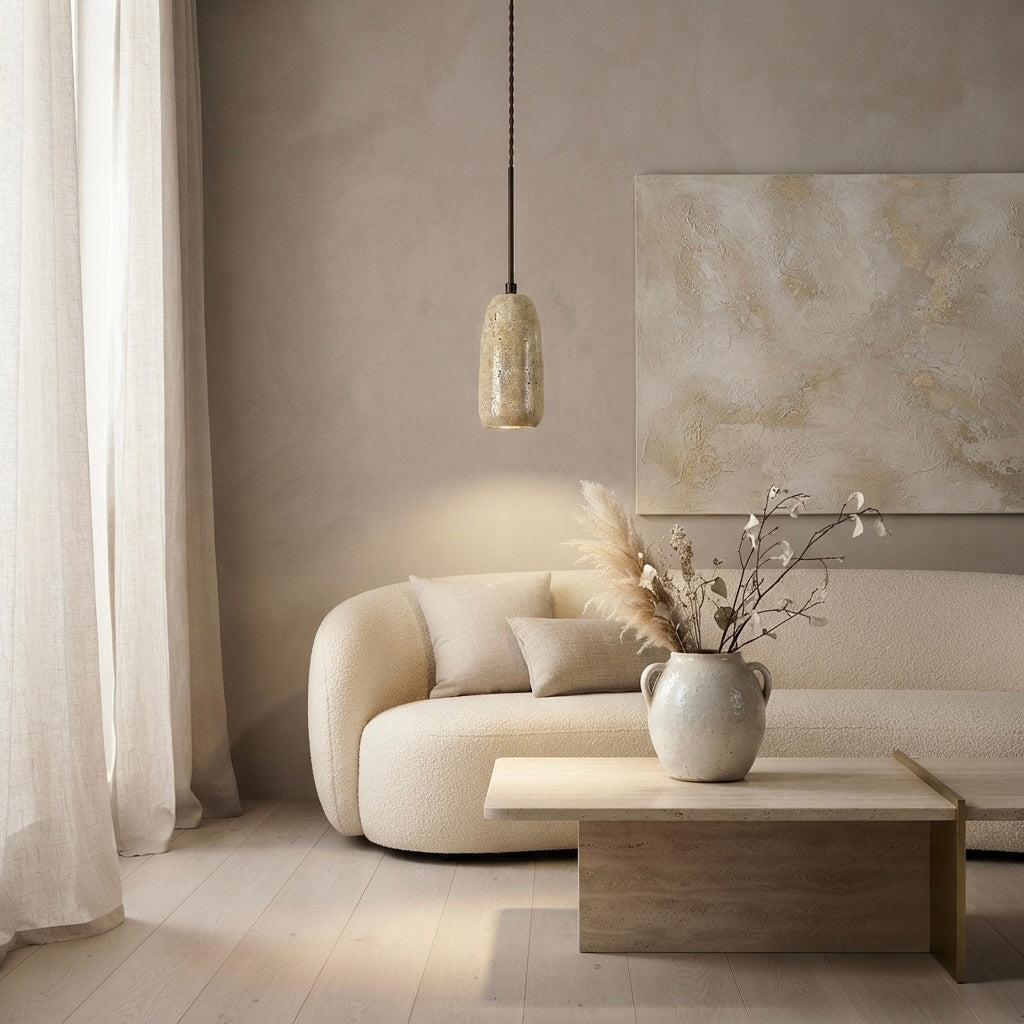 Kintsugi Cylinder, Architectural, Travertine, Pendant, Contemporary, Earthy