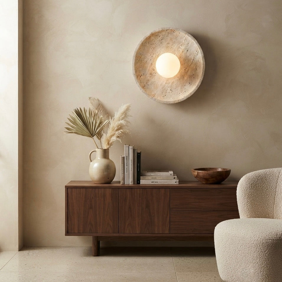 Ume Eclipse, Circular, Wall Sconce, Travertine, Ambient, Modern