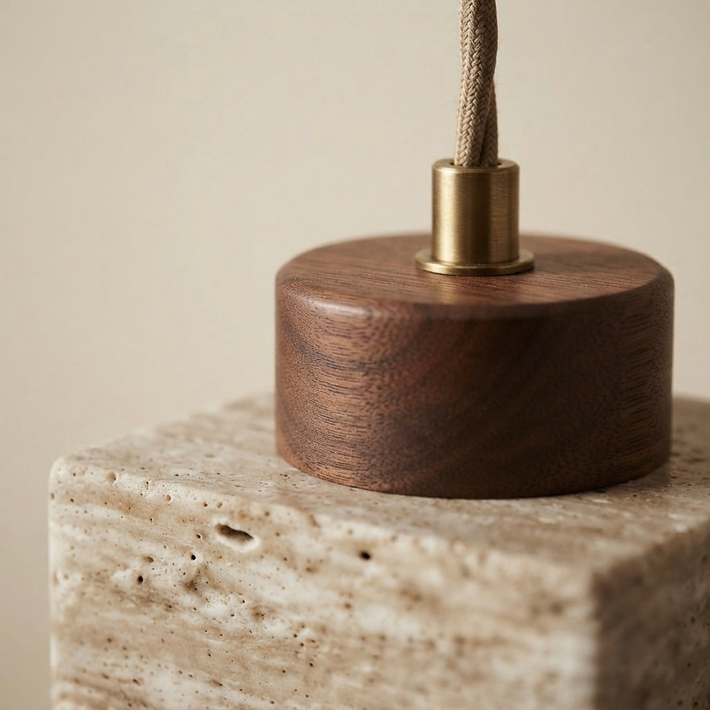 Sora Square, Travertine Wood Japandi Minimalist Pendant