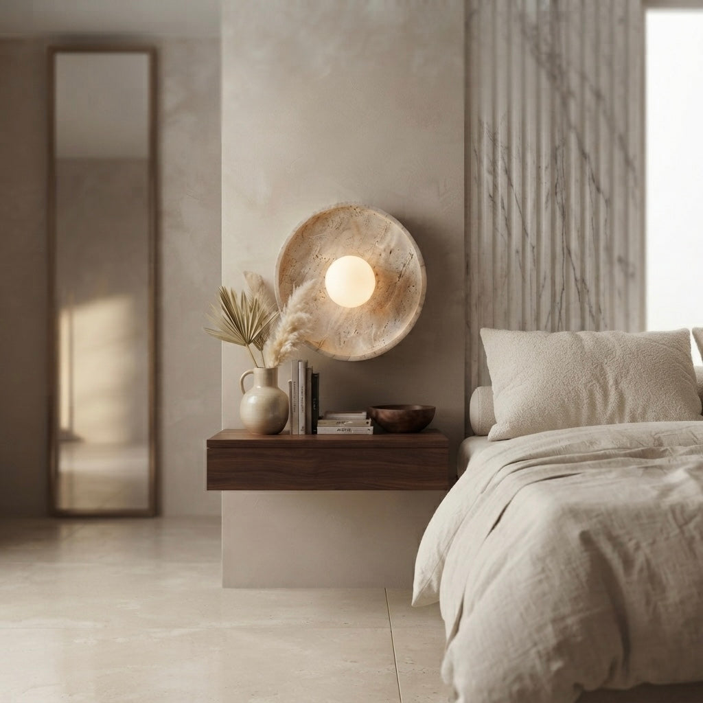 Ume Eclipse, Circular, Wall Sconce, Travertine, Ambient, Modern