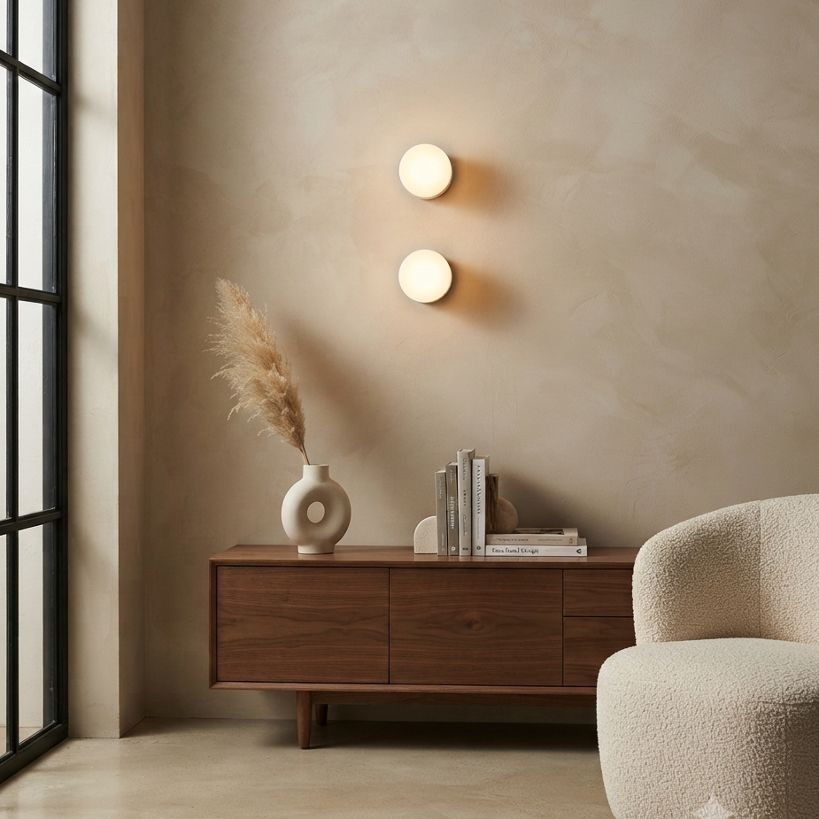 Raku Orbit, Circular, Modern, Travertine, Minimalist, Wall Light