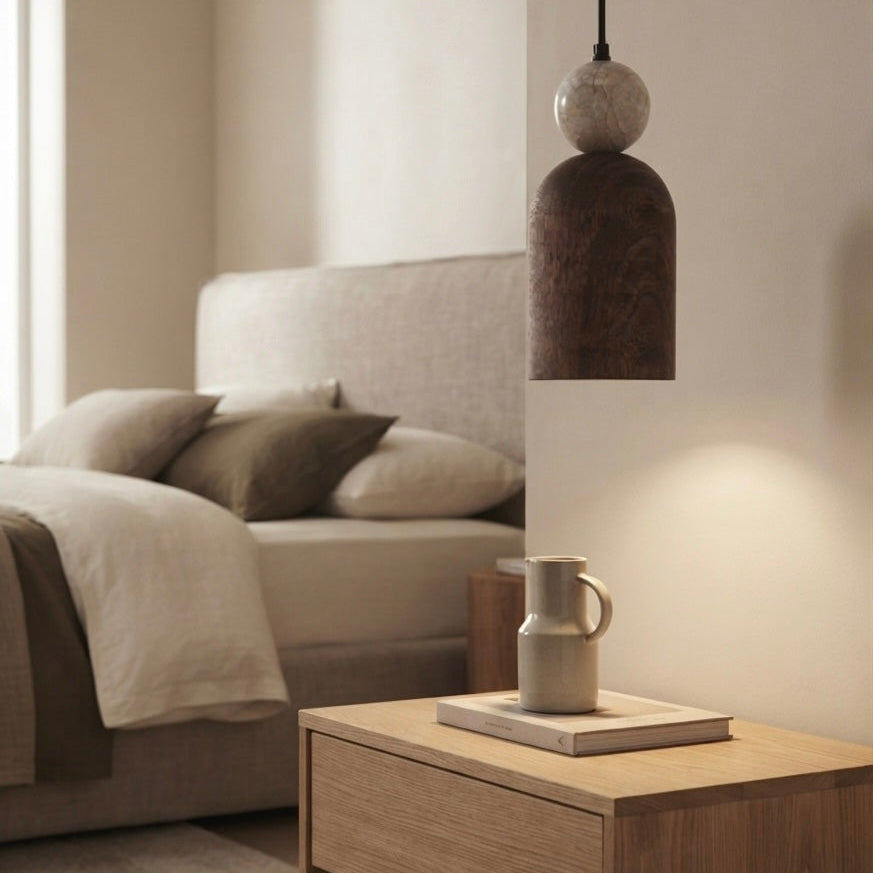 Mori Pillar, Vertical, Architectural, Travertine, Wood, Pendant