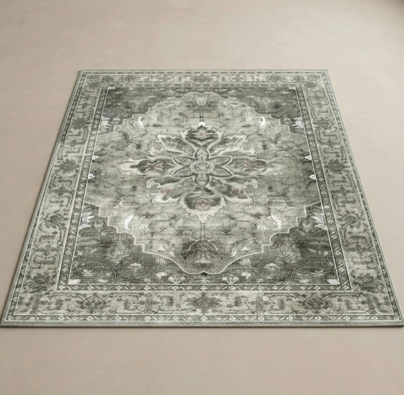 Soren Sage Medallion Distressed Traditional Persian Living Rug