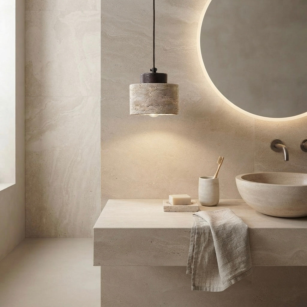 Nami Cylinder, Vertical, Minimalist, Travertine, Pendant, Japandi