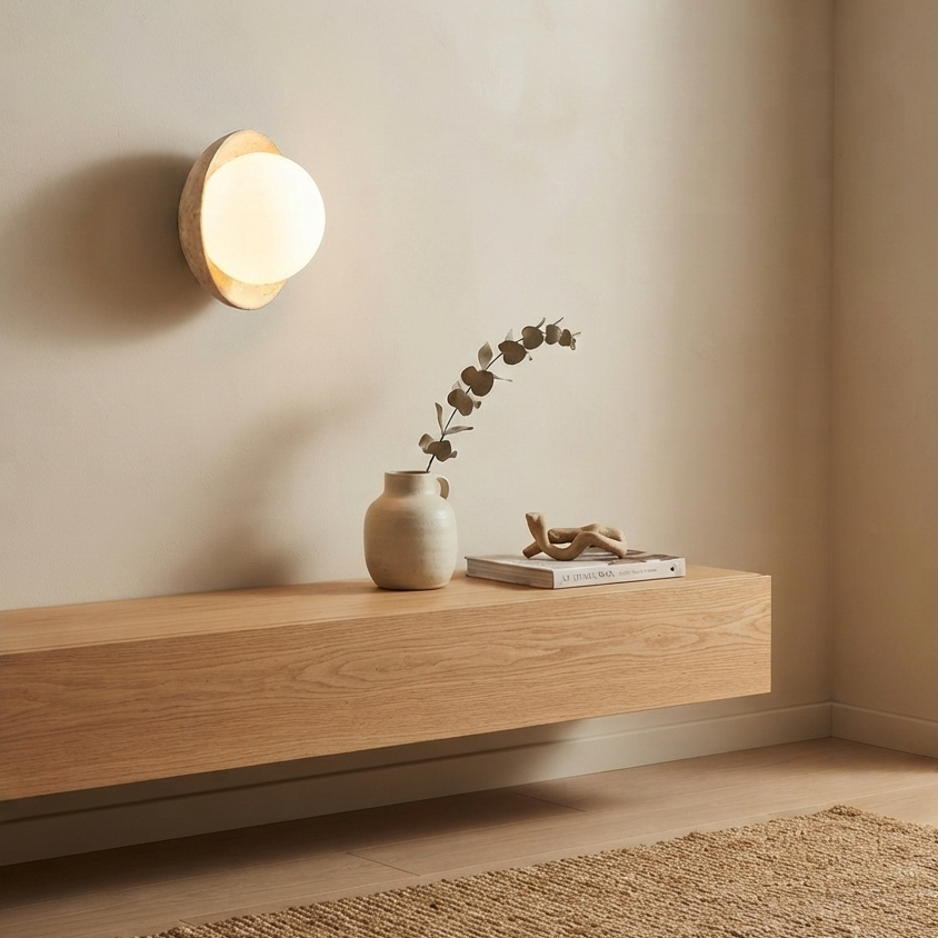 Luna Sphere, Spherical, Travertine, Modern, Minimalist, Wall Sconce
