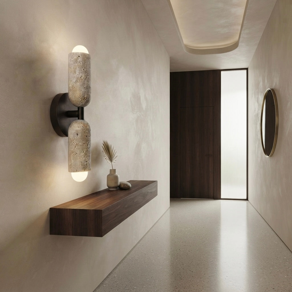 Koji Cube, Geometric, Modern, Travertine, Minimalist, Wall Light