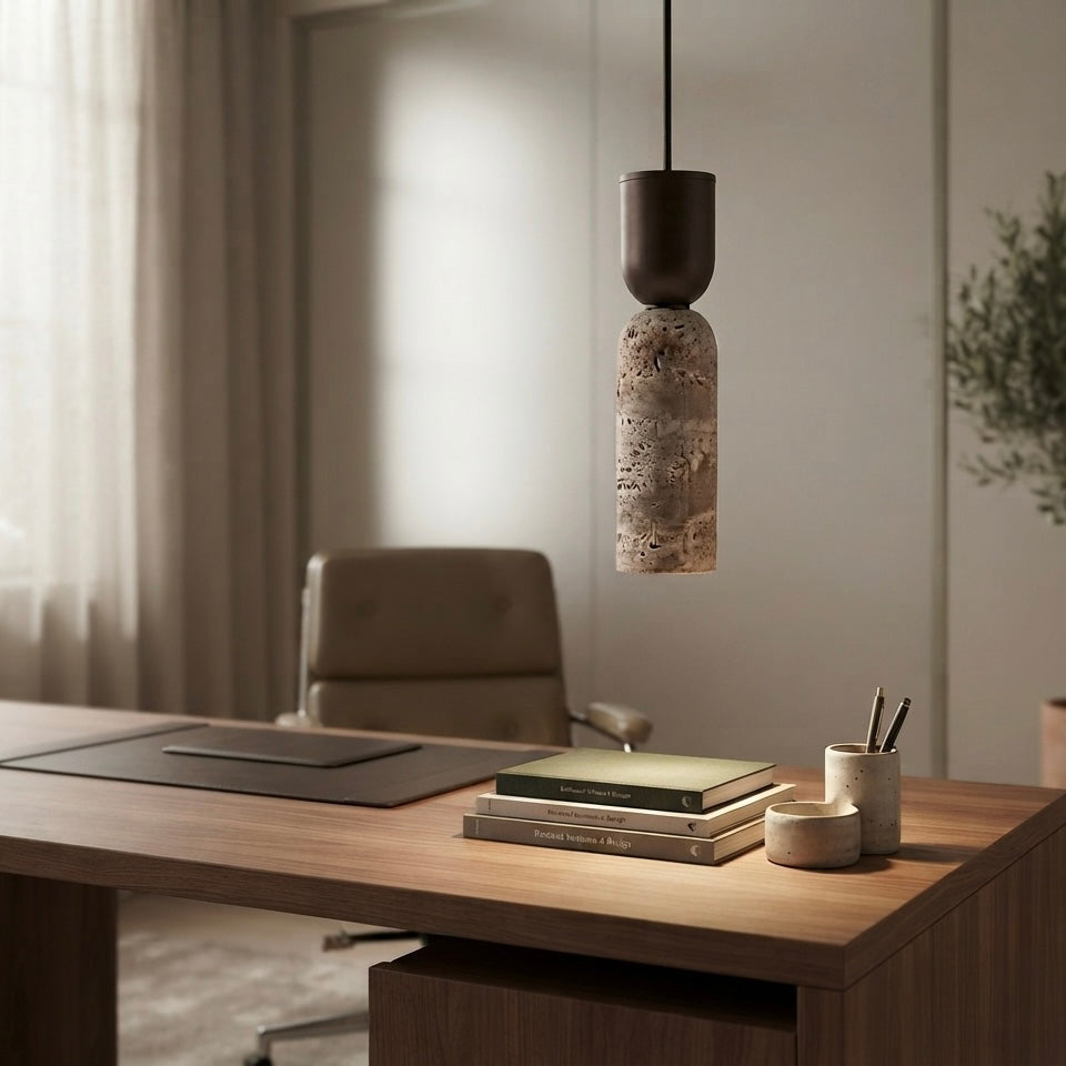 Suna Spindle, Geometric, Modern, Travertine, Minimalist, Pendant