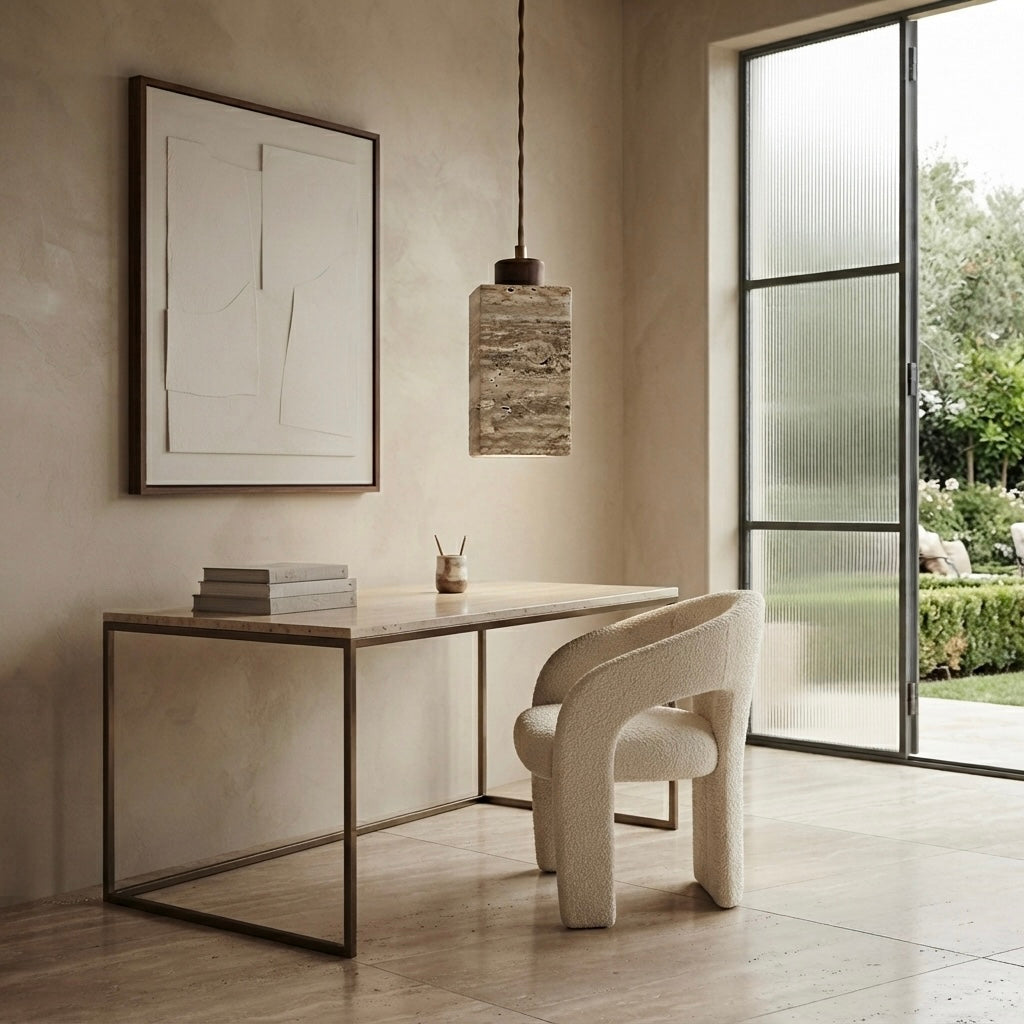 Sora Square, Travertine Wood Japandi Minimalist Pendant