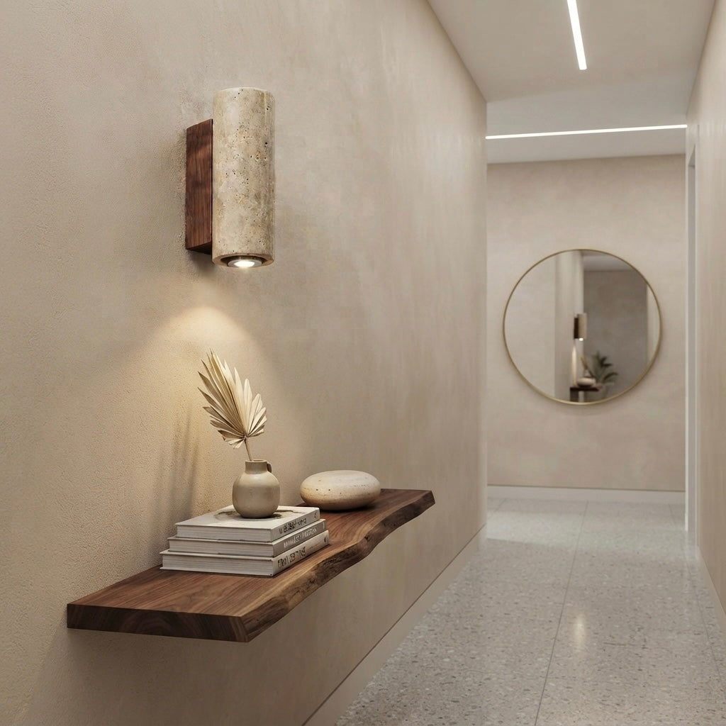 Sumi Tower, Textured, Block, Travertine, Earthy, Accent Lighting