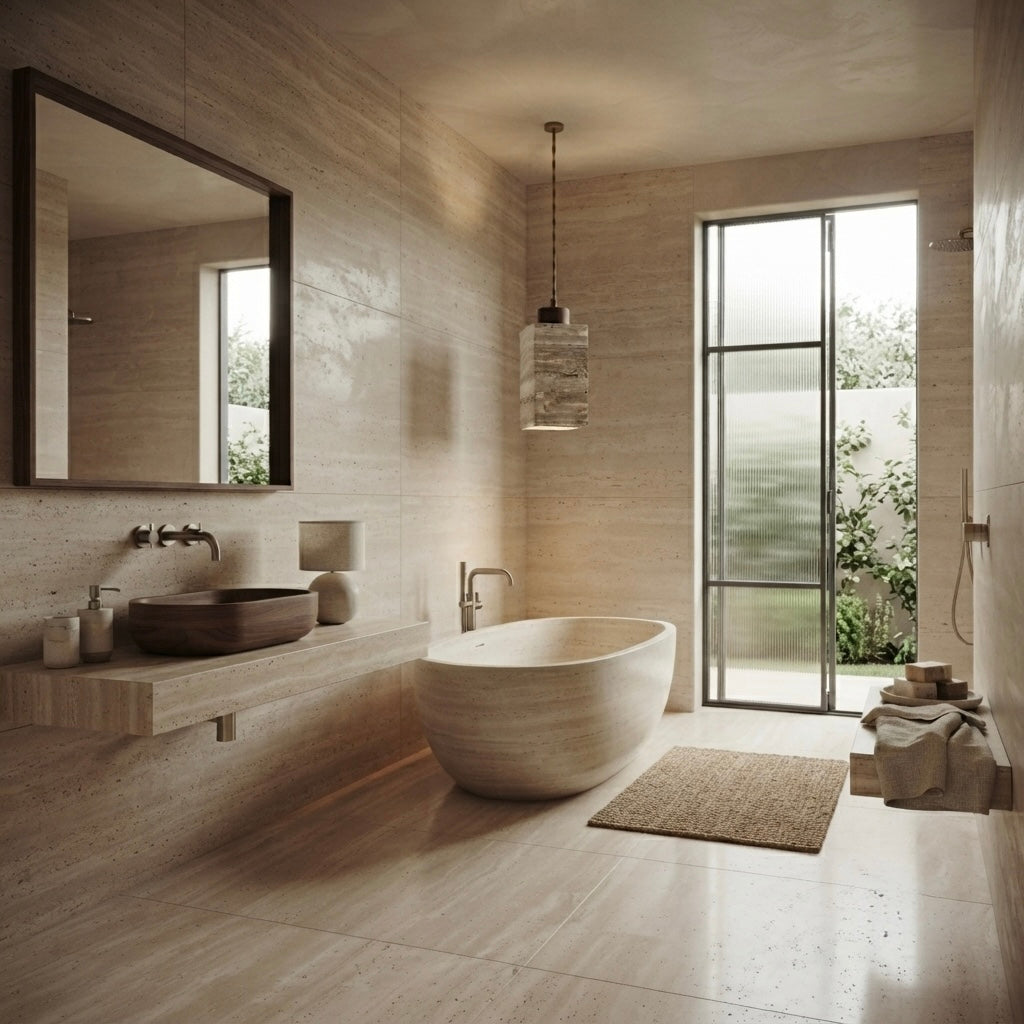 Sora Square, Travertine Wood Japandi Minimalist Pendant