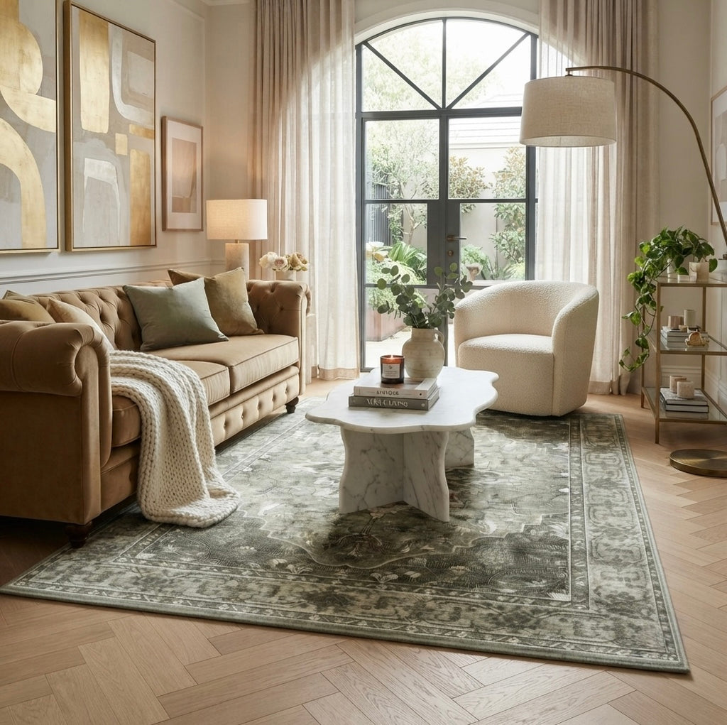Soren Sage Medallion Distressed Traditional Persian Living Rug