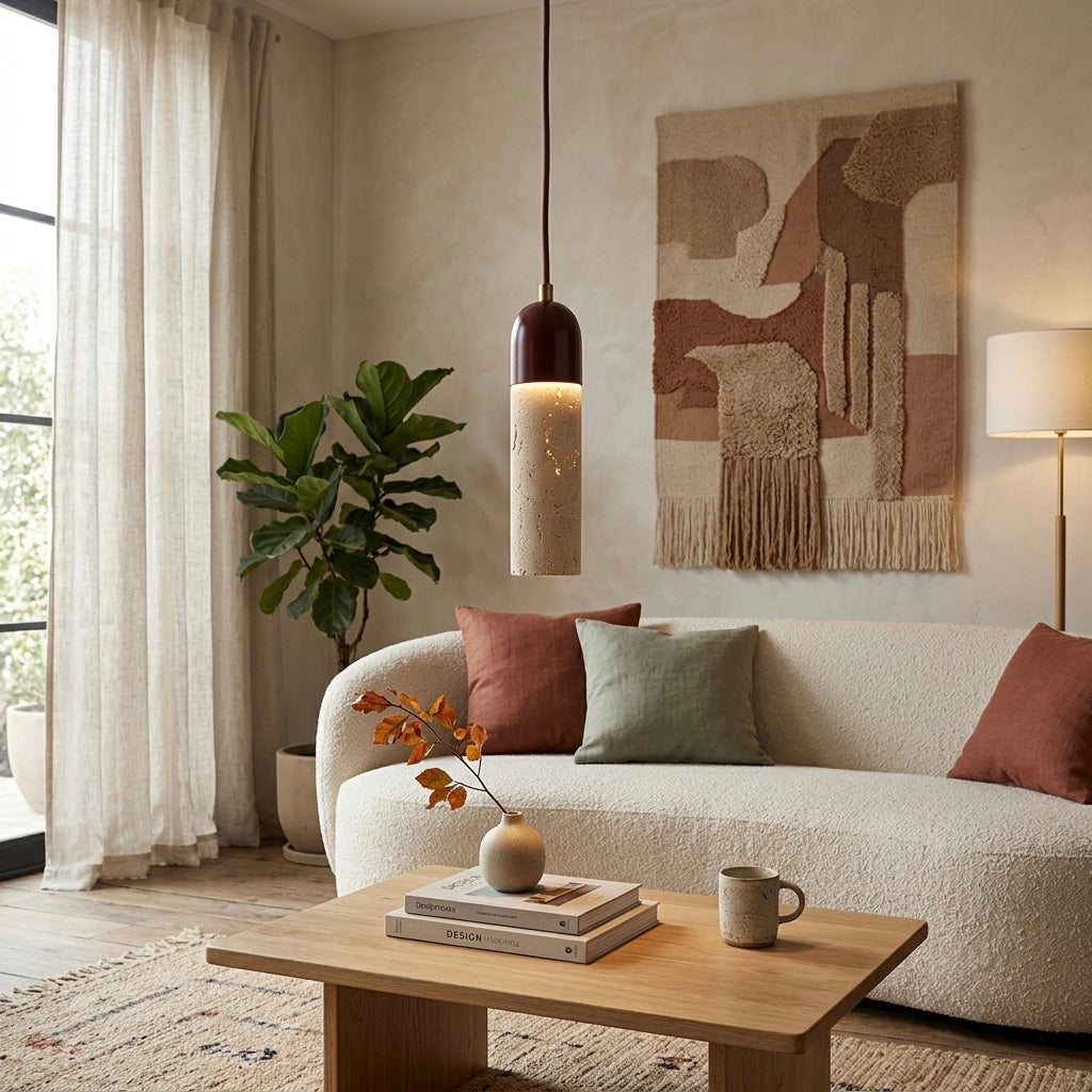 Shizen Pillar, Ambient, Minimalist, Pendant, Travertine, Boutique