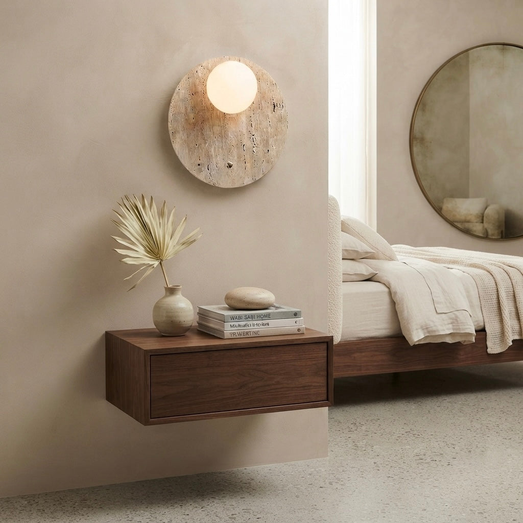 Kumo Block, Circular, Wall Sconce, Travertine, Ambient, Modern