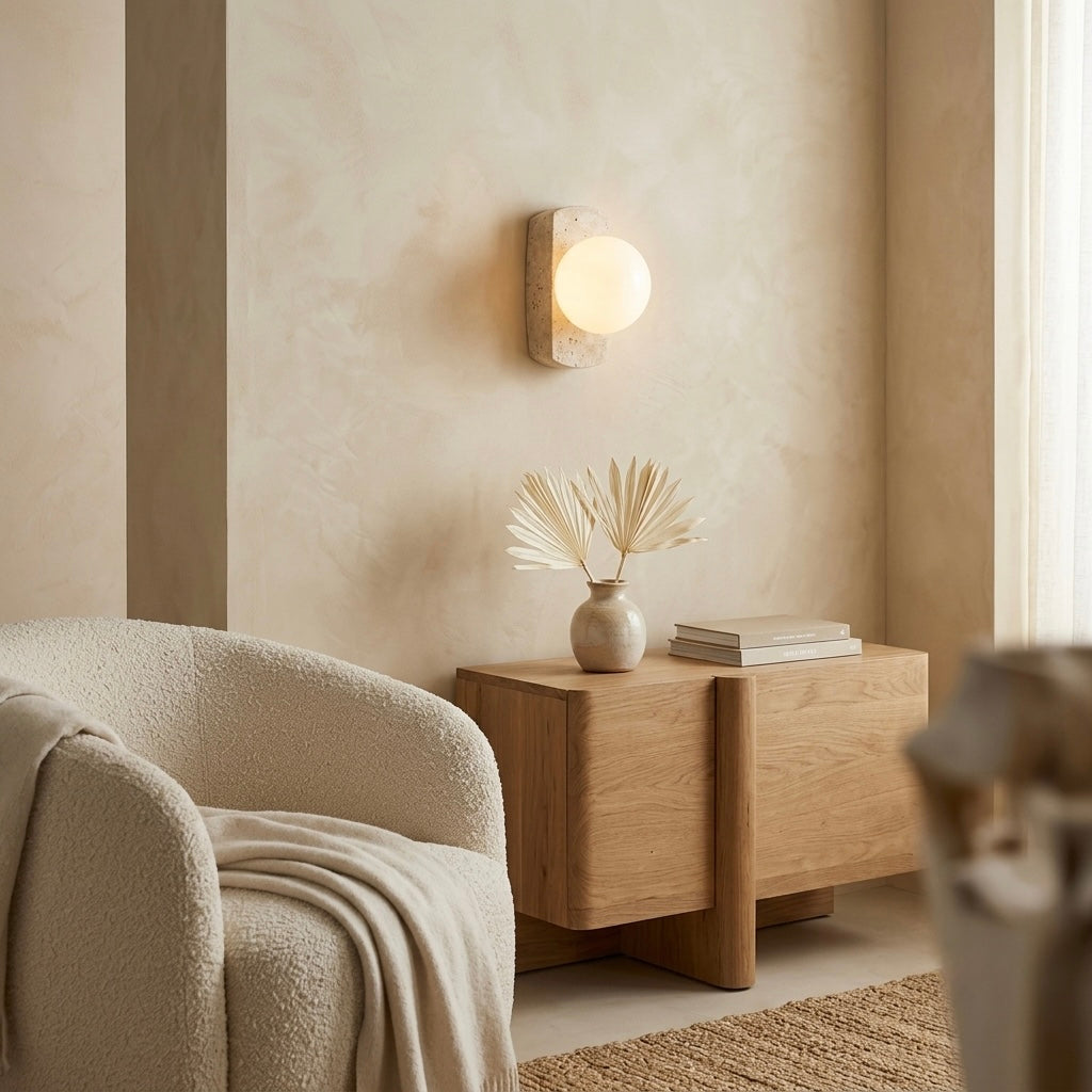 Mano, Ambient, Minimalist, Wall Light, Travertine, Boutique