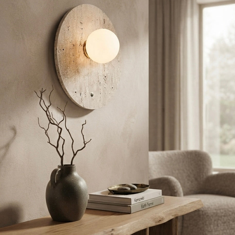Kumo Block, Circular, Wall Sconce, Travertine, Ambient, Modern