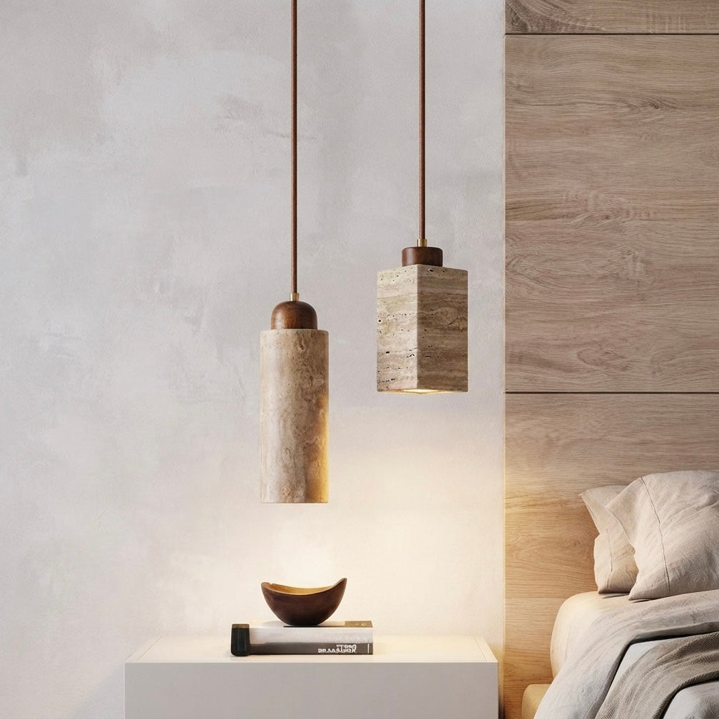 Sora Cylinder, Travertine Wood Japandi Minimalist Pendant