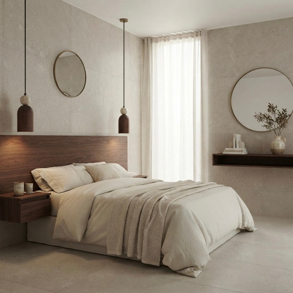 Mori Pillar, Vertical, Architectural, Travertine, Wood, Pendant