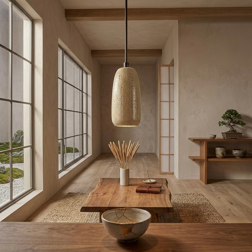 Kintsugi Cylinder, Architectural, Travertine, Pendant, Contemporary, Earthy