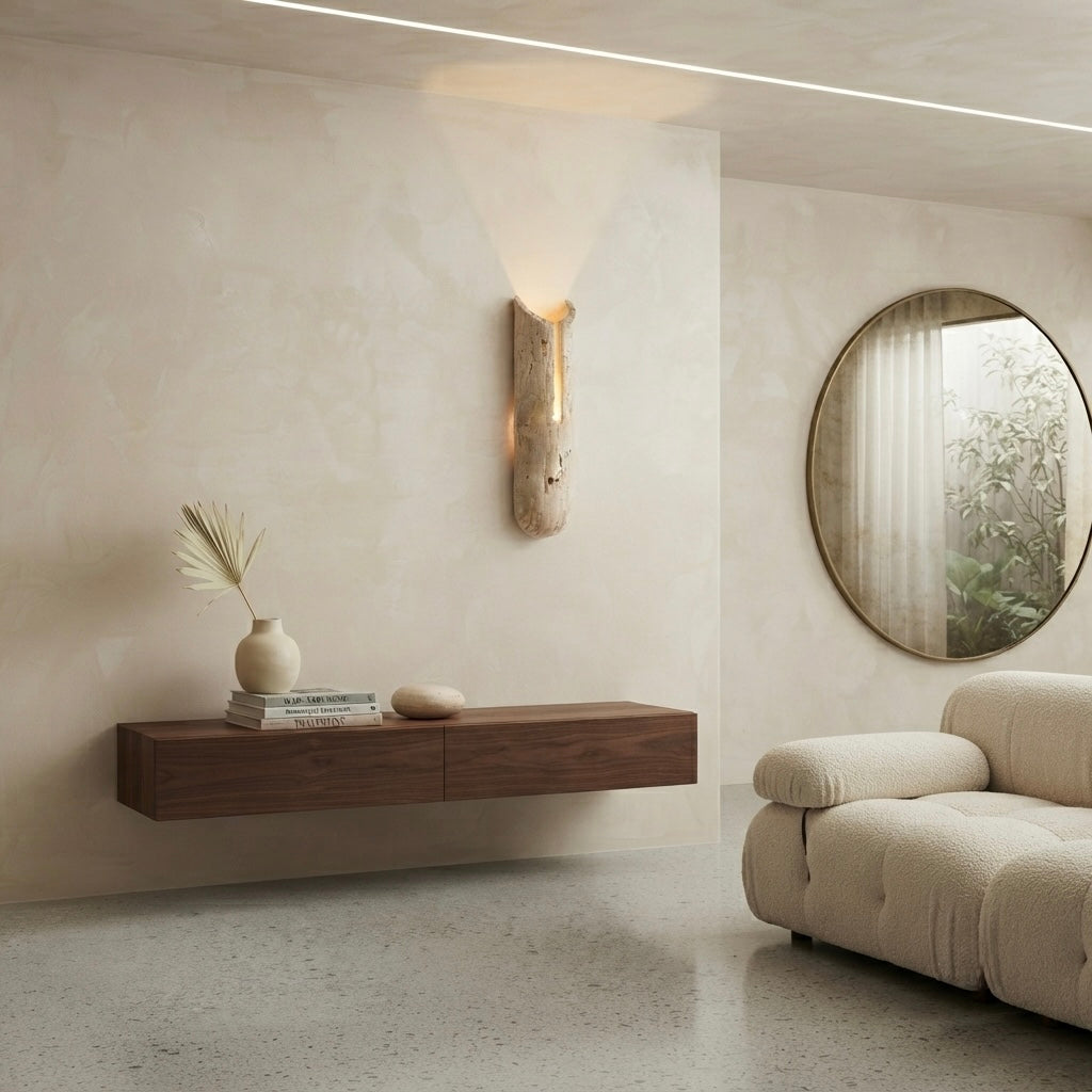 Kaya Round, Round, Travertine, Modern, Japandi, Wall Sconce
