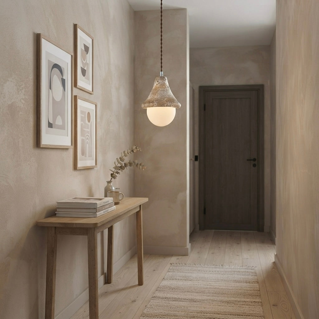 Shibumi Dome, Architectural, Travertine, Pendant, Contemporary, Earthy