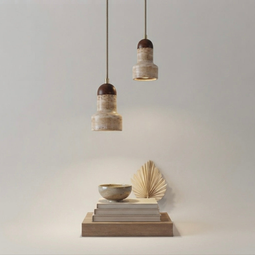 Kaito Stepped, Architectural Travertine Wood Tiered Pendant